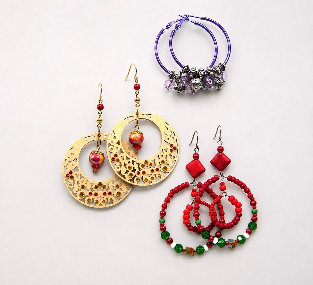 Set of Handmade Hoop Earrings Wood Rhinestone Accents Red Green Crystals